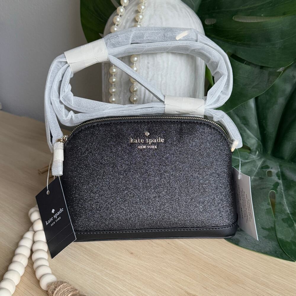 NWT - Kate Spade Small Dome Crossbody Glitter Fabric Black Tinsel - Picture 6 of 8